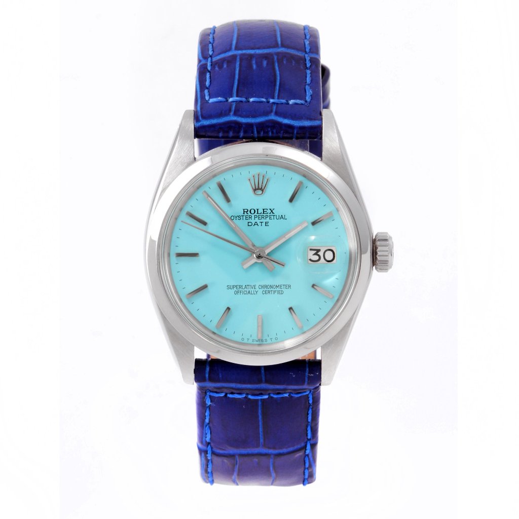 Rolex Unisex 1500 Date 34mm Turquoise Blue On Leather
